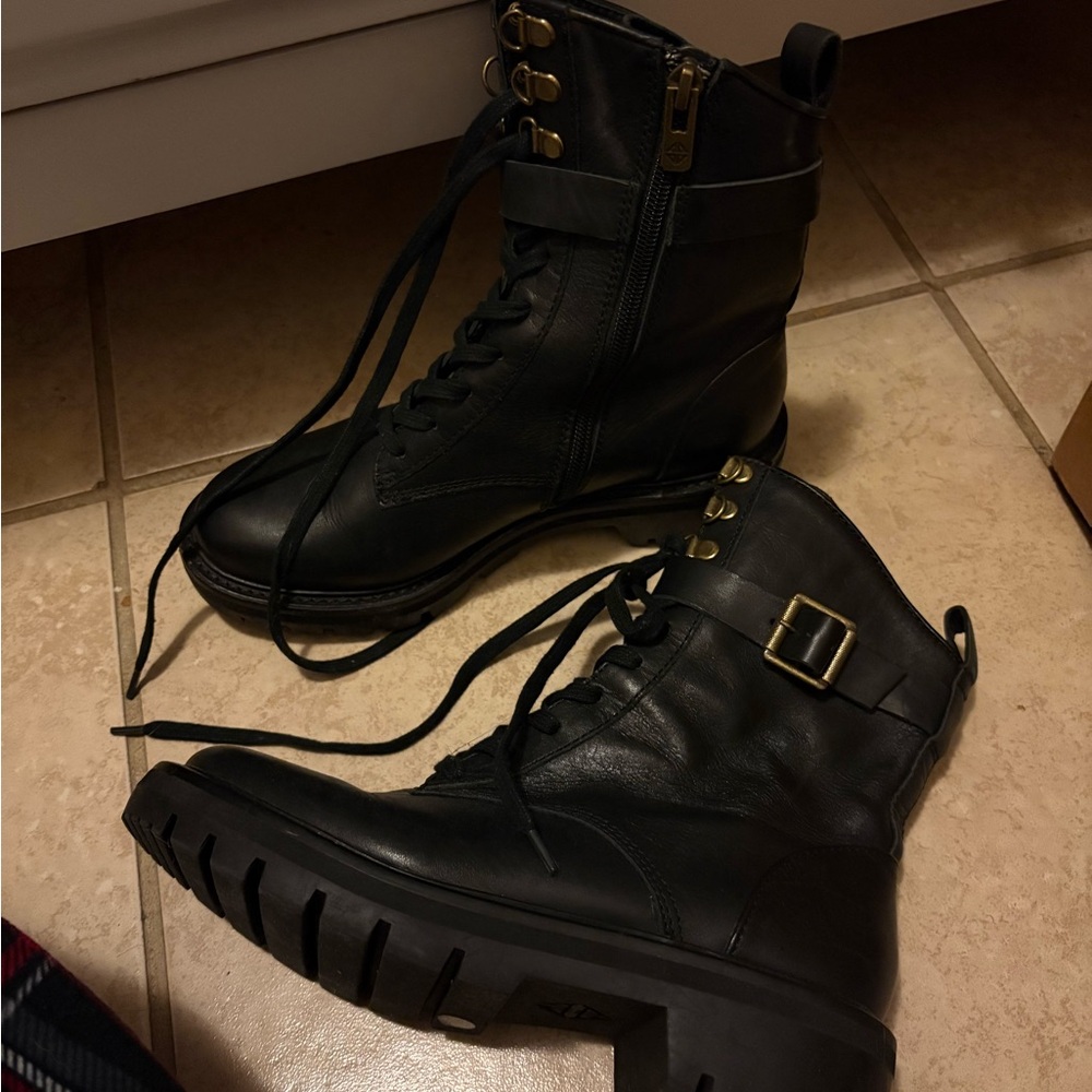Black Leather Lug Sole Combat Boots with Brass Hardware
